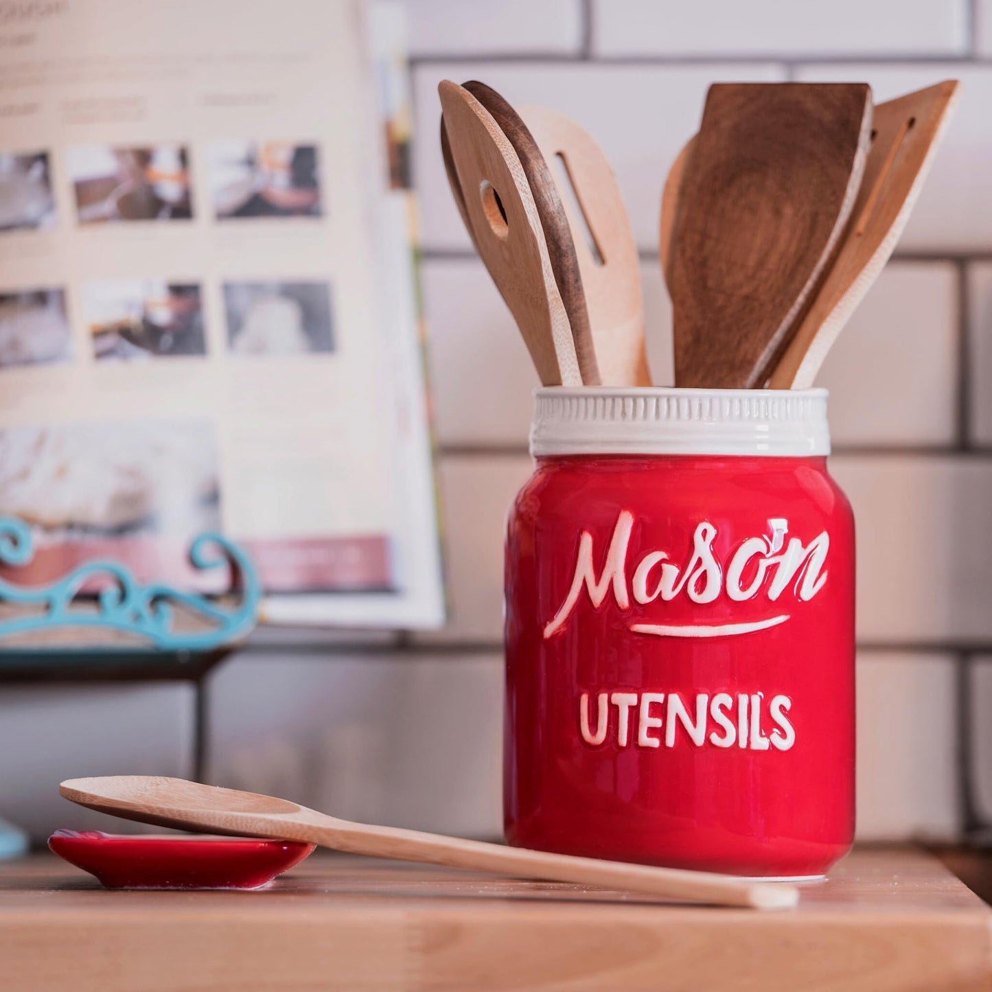 Farmhouse Canisters Sets for the Kitchen - Mason Jar Ceramic Kitchen Utensil Holder, Spoon Rest, Cute Cookie Jar, Salt & Pepper Shaker Sets, Sponge Holder, Measuring Cups & Spoons (Red, 17-Pc Bundle)