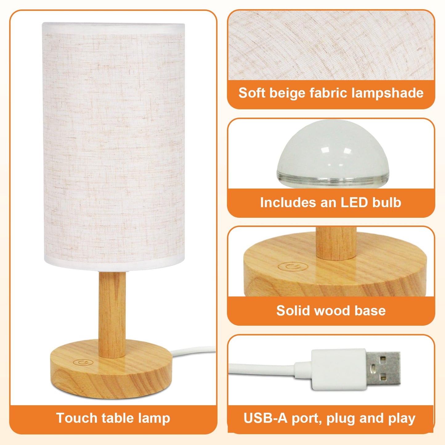 Small Touch Table Lamp with Stepless Dimming&USB Plug,Natural Round Wood Base&Linen Fabric Shade |Soft Ambient Warm Night Light|Minimalist Boho Bedside Lamp for Bedroom,Nightstand,Nursery,Kitchen,Dorm