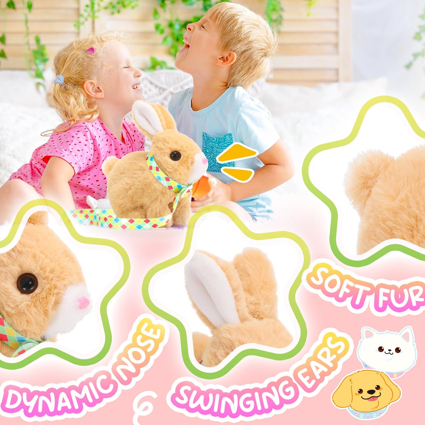 Tagitary Plush Toys Bunny Electronic Toy with Sounds,Wiggling Ears,Hopping,Twitching Mouth and Nose, Interactive Rabbit Toy for Kids with Leash,Easter Christmas Birthday Gift for Toddlers Kids