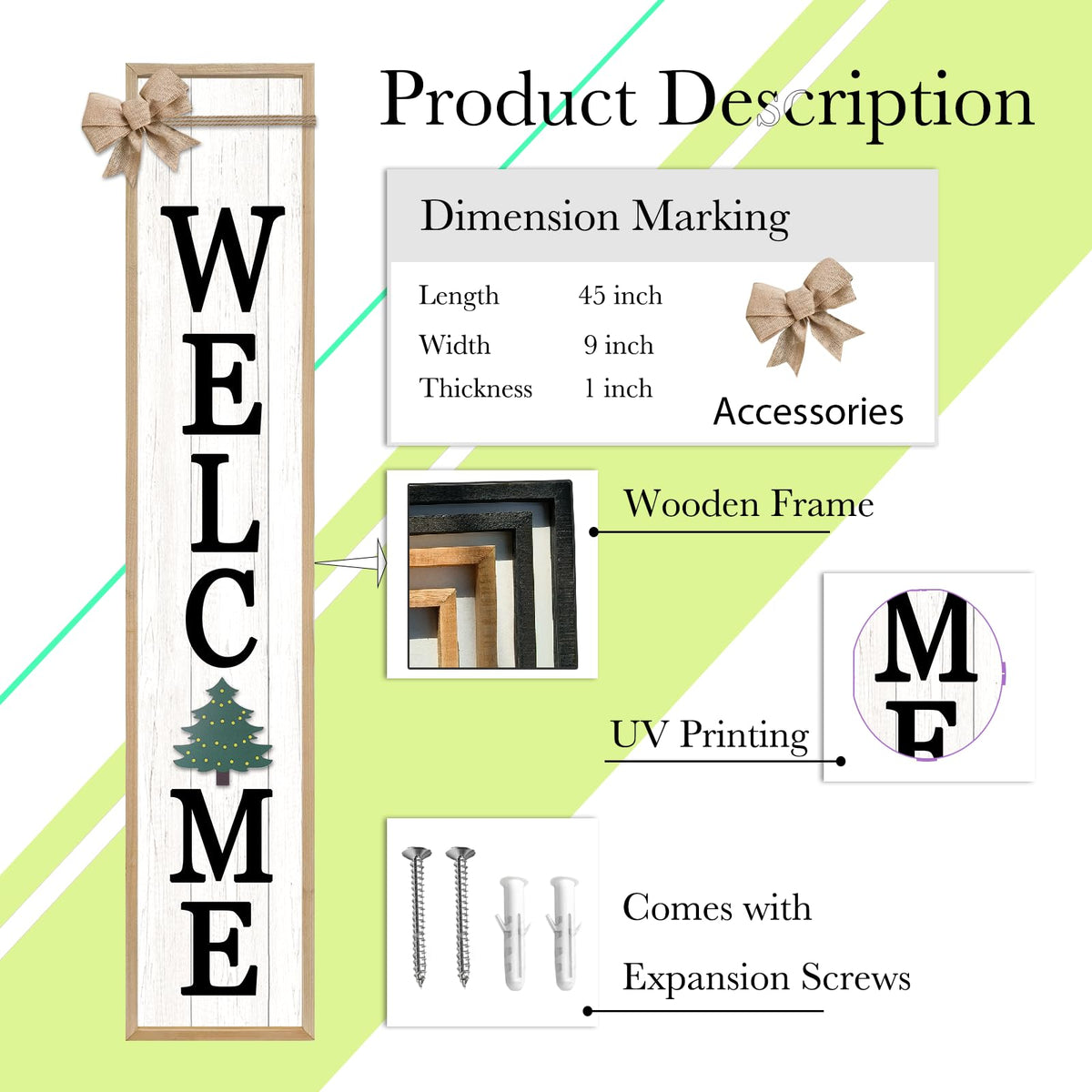 SRSZHIYUE Interchangeable Welcome Sign for Front Door Standing, 45"X9" with 12 Pcs Replaceable Icons Rustic Outdoor Tall Front Porch Farmhouse Outside Wreath Leaner Vertical Decor (Wood)