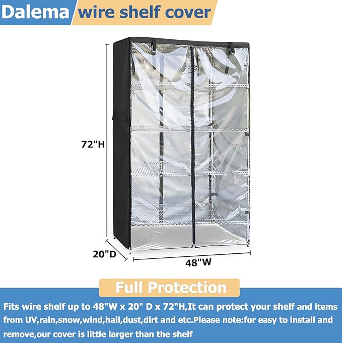 Waterproof Shelf Cover,Outdoor 600D Heavy Duty Dustproof Storage Shelves Cover,48''x20''x72'' Shelf Covers for Wire Shelving with Zippers,Storage Rack Covers with Clear Front