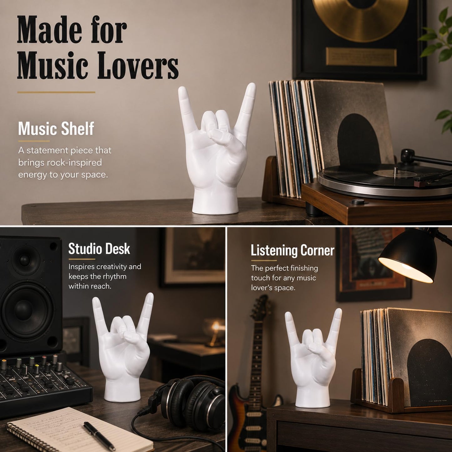 XIYOUQI Rock Hand Statue, Rock On Hand Gesture Sculpture, White Resin Hand Sign Decor for Music Lovers, Modern Tabletop Sculpture for Desk Bookshelf Mantel Man Cave Office Decor