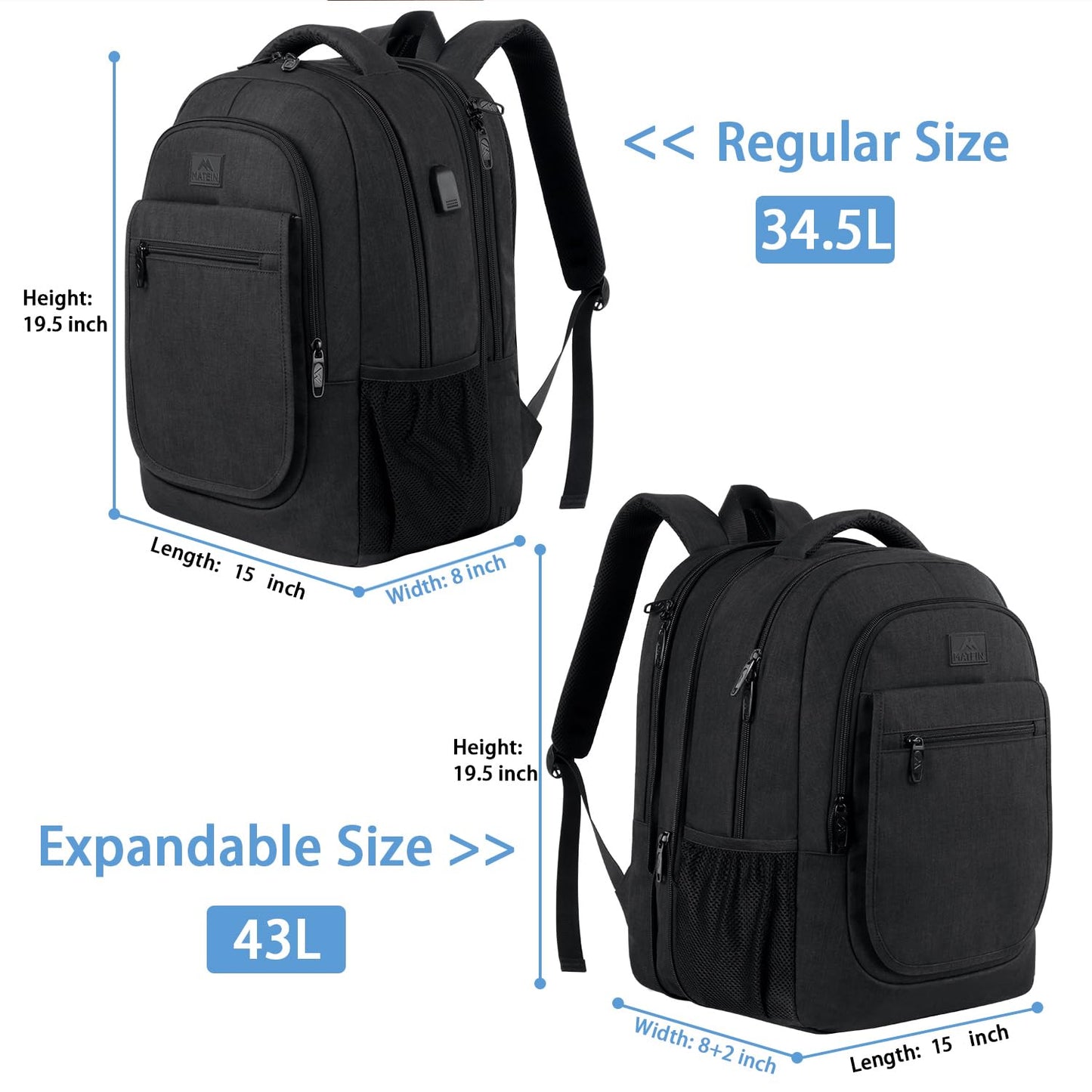 MATEIN Large Travel Backpack, TSA Expandable Laptop Backpack with USB Charging Port, Anti Theft Computer Bag Fit 17.3 Inch Laptop Water Resistant School Rucksack College Gift for Men Women, Black