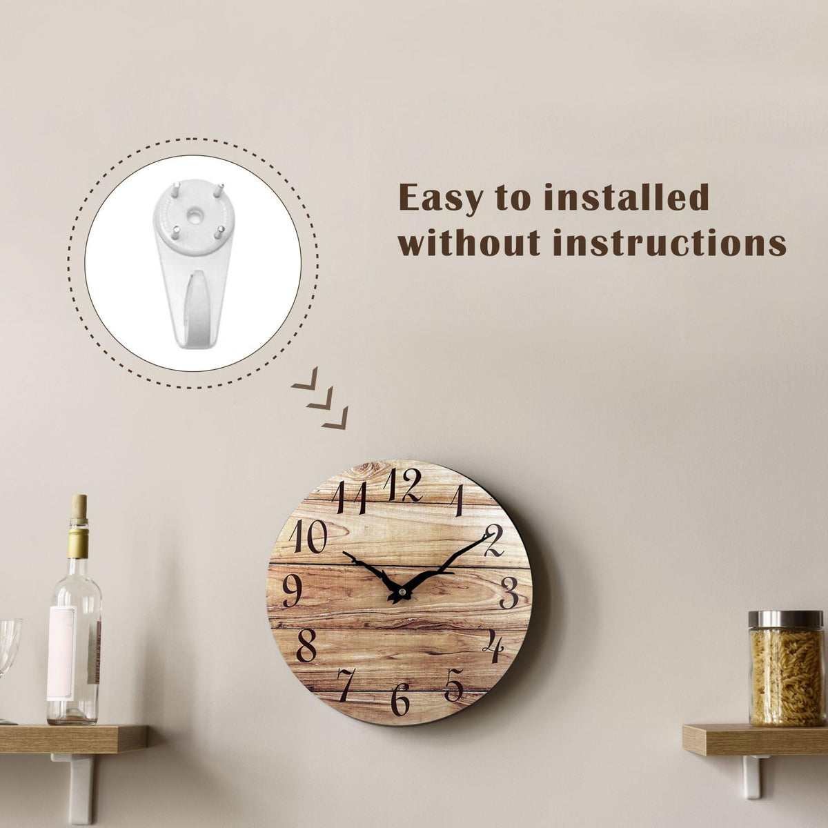 Plumeet Extra Large Wall Clock, 16'' Frameless Wooden Wall Clocks with Silent Quartz Movement, Rustic Country Village Walnut Clocks Decorative for Kitchen Bedroom Living Room, Brown
