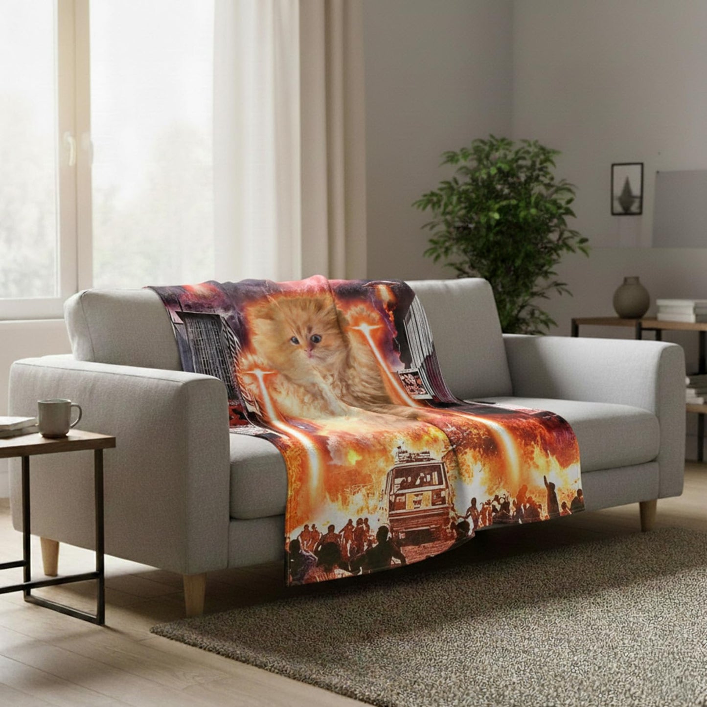 kampdream Funny Cat Flannel Blanket, Catzilla Giant Laser UFO Sci-Fi City Attack Blanket, Super Soft and Warm for Couch Sofa Living Room Unique 50×60 inch