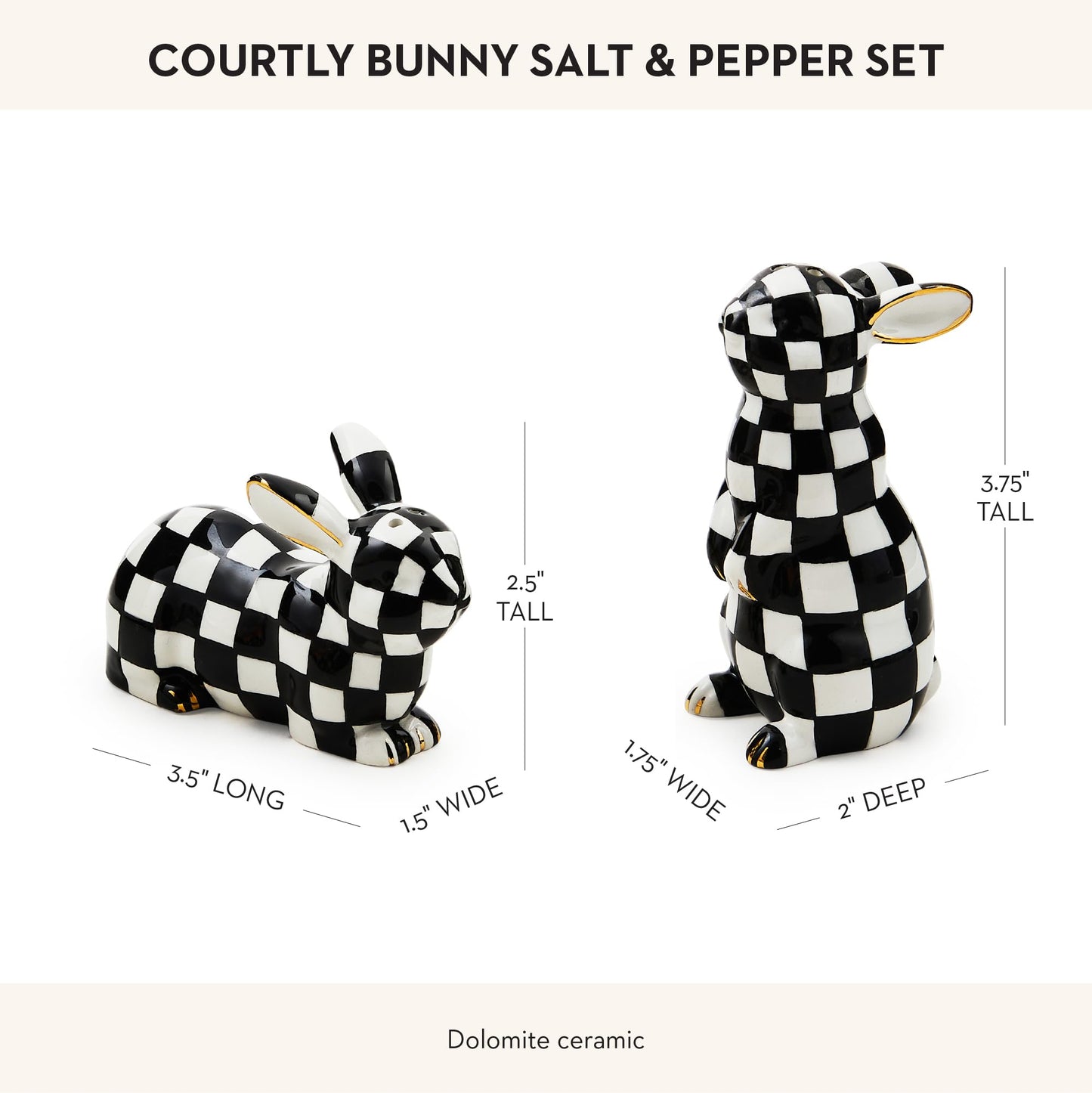 MACKENZIE-CHILDS Bunny Salt and Pepper Shaker Set, Ceramic Salt and Pepper Holders, Black-and-White Courtly Check