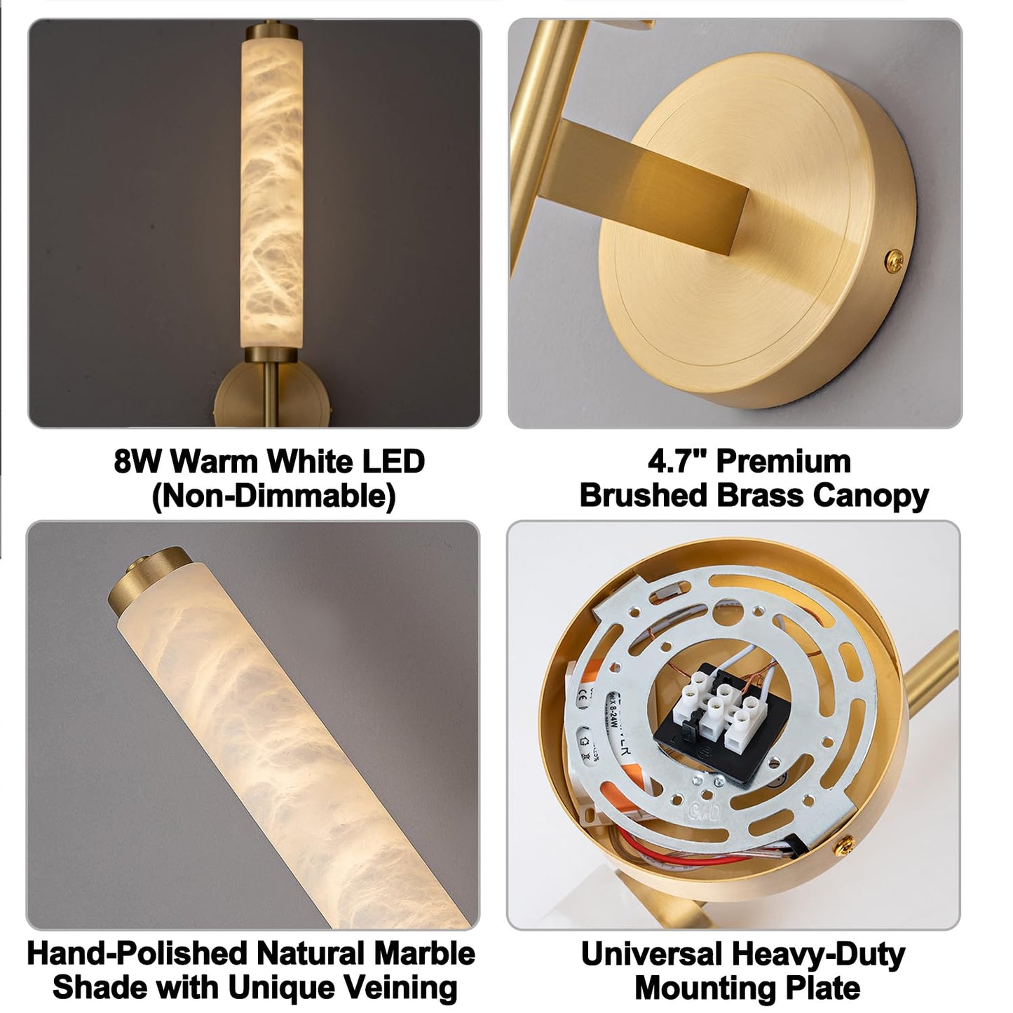 DZQWLL Alabaster Wall Sconce, Modern 18.5" Marble Wall Lamp, Bathroom Vanity Wall Light Fixtures, Brushed Brass Wall Lamp for Bedroom Mirror Living Room Bedside 8W Warm White Glow