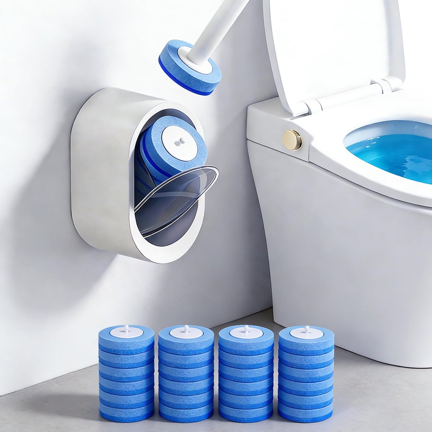 SOPAMI Disposable Toilet Cleaning System - Toilet Wand Kit with 16 High-Performance Refills, Wall Mounted Toilet Brush and Holder for Deep Cleaning Bathroom