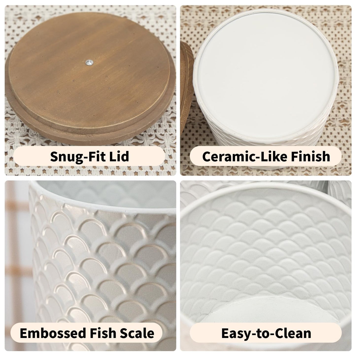 MODE HOME White Metal Kitchen Canister Set of 4 with Wooden Lids, Embossed Fish Scale Storage Containers for Coffee, Tea, Candy & Pet Treats, Farmhouse Decorative Food Jars