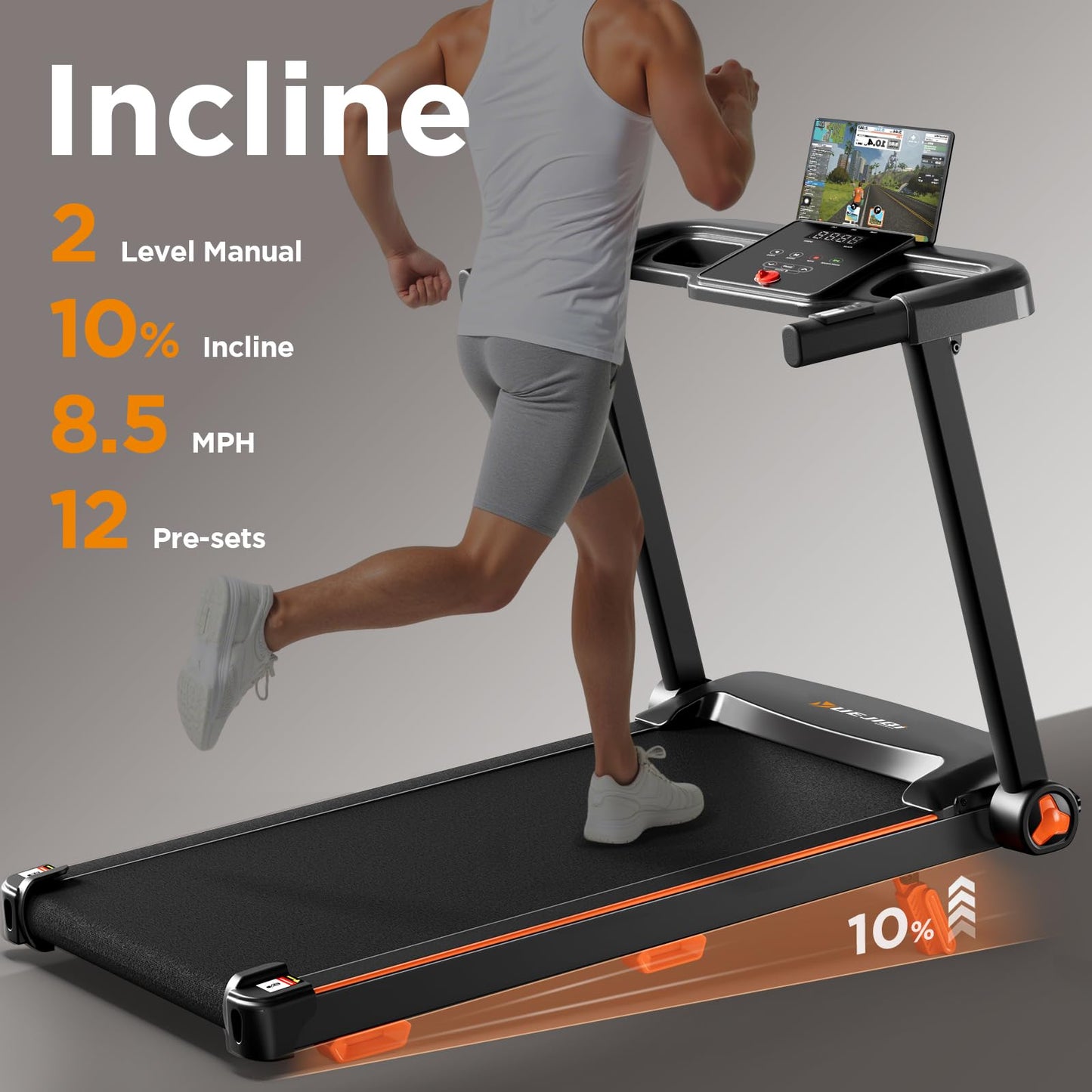YUEJIQI Treadmills for Home, 3.0HP Quiet Brushless Foldable Treadmill with Incline, Small Space Portable Running Walking Machine, 300 Lbs Capacity with Bluetooth APP & Pulse Monitor