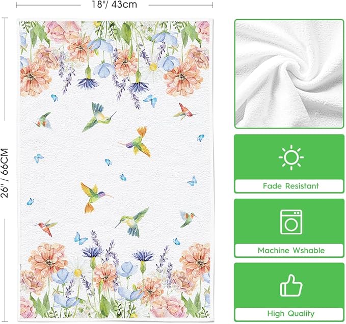 Artoid Mode Anemone Flower Hummingbird Kitchen Towels Dish Towels, 18x26 Inch