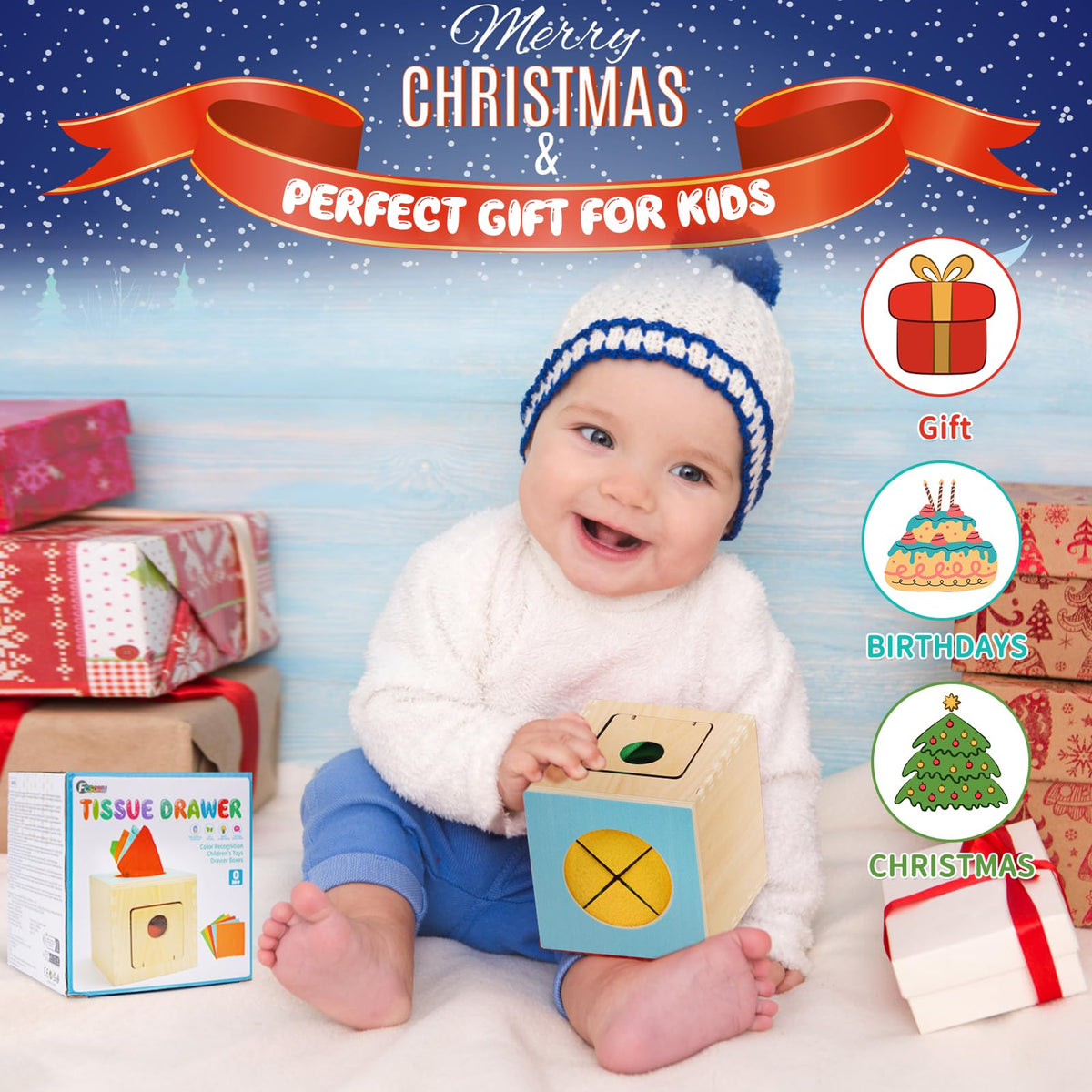 FCSONU Kids Toddler Toys, Montessori Baby Toys 0-6-12 Months, 1 Year Old Wooden Baby Tissue Box Toy for Educational Learning with Cloth Tissues, Boys & Girls Gifts for Birthday Christmas Children Day