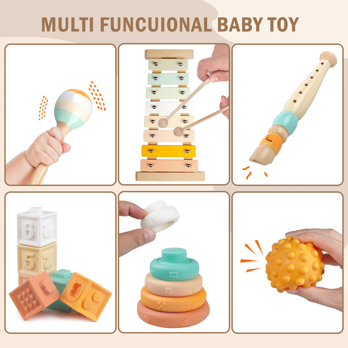 Montessori Baby Toys 6 in 1, Wooden Musical Instruments Xylophone 6 Months+