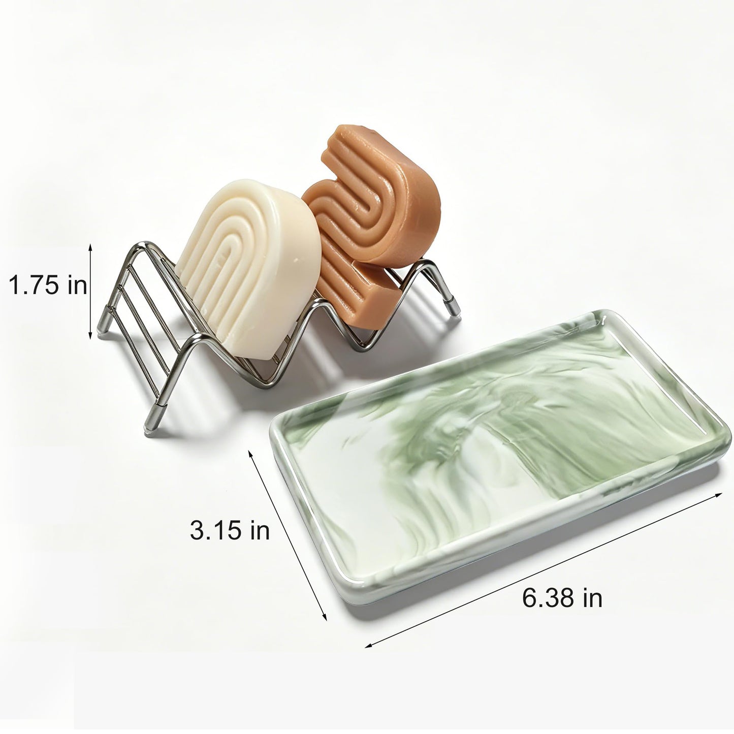 Lofekea Soap Dish, Stainless Steel Self Draining Shower Bar Soap Holder with Ceramic Dish Tray, W Style Soap Saver for Bathroom, Sink, Kitchen and Countertop(Green Texture)
