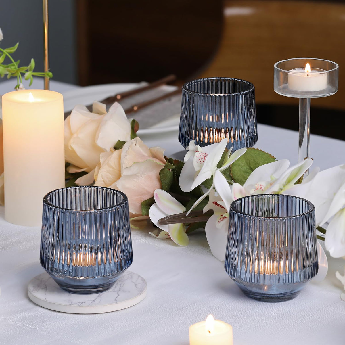 12 Pcs Large Blue Votive Candle Holders for Table Centerpieces- 3.15"×3.15" Ribbed Tea Candle Holders for Dusty Blue Wedding Decor, Bridal Shower Decorations