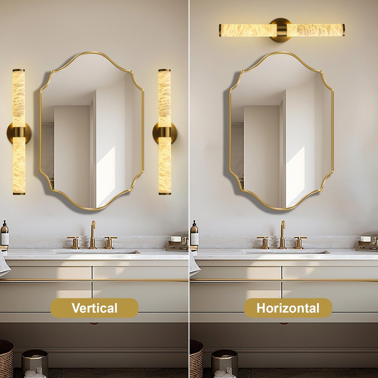 OSRoyce Alabaster Wall Sconces, 24" Brass Wall Sconce, Cylinder Natural Spanish Marble Sconces Wall Lighting, Modern Gold Dimmable Wall Lights for Living Room Bedroom Bathroom Stairs Hallway Entryway