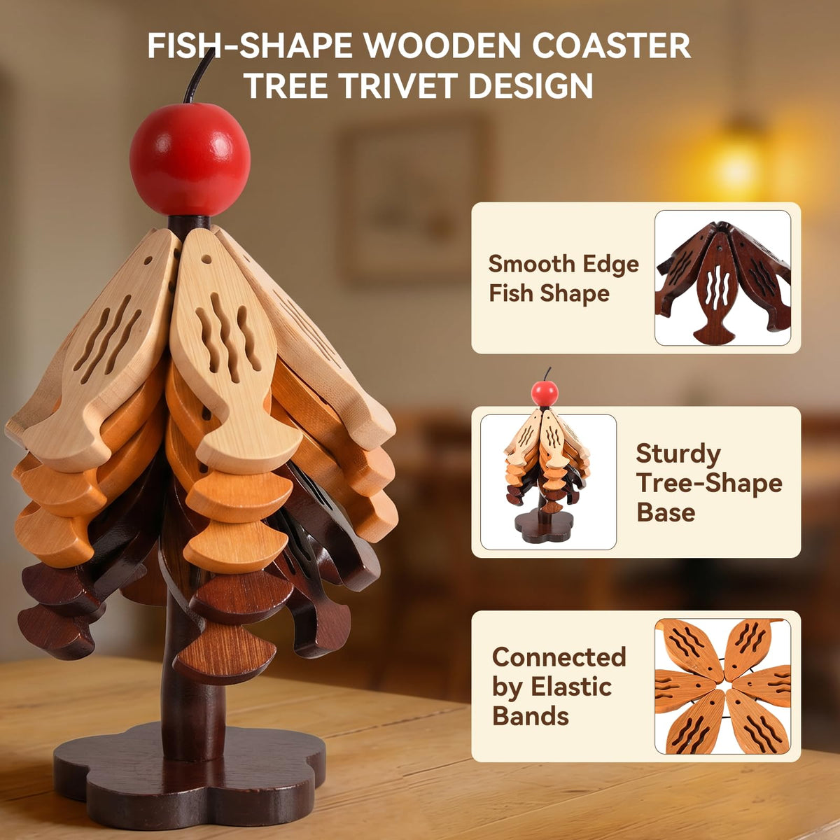 SENIG 5 Pcs Fish-Shape Wooden Coasters Tree Trivet for Hot Dishes, Wooden Fish-Shape Coaster Sets for Drink, Coffee Table, Kitchen Room Decor