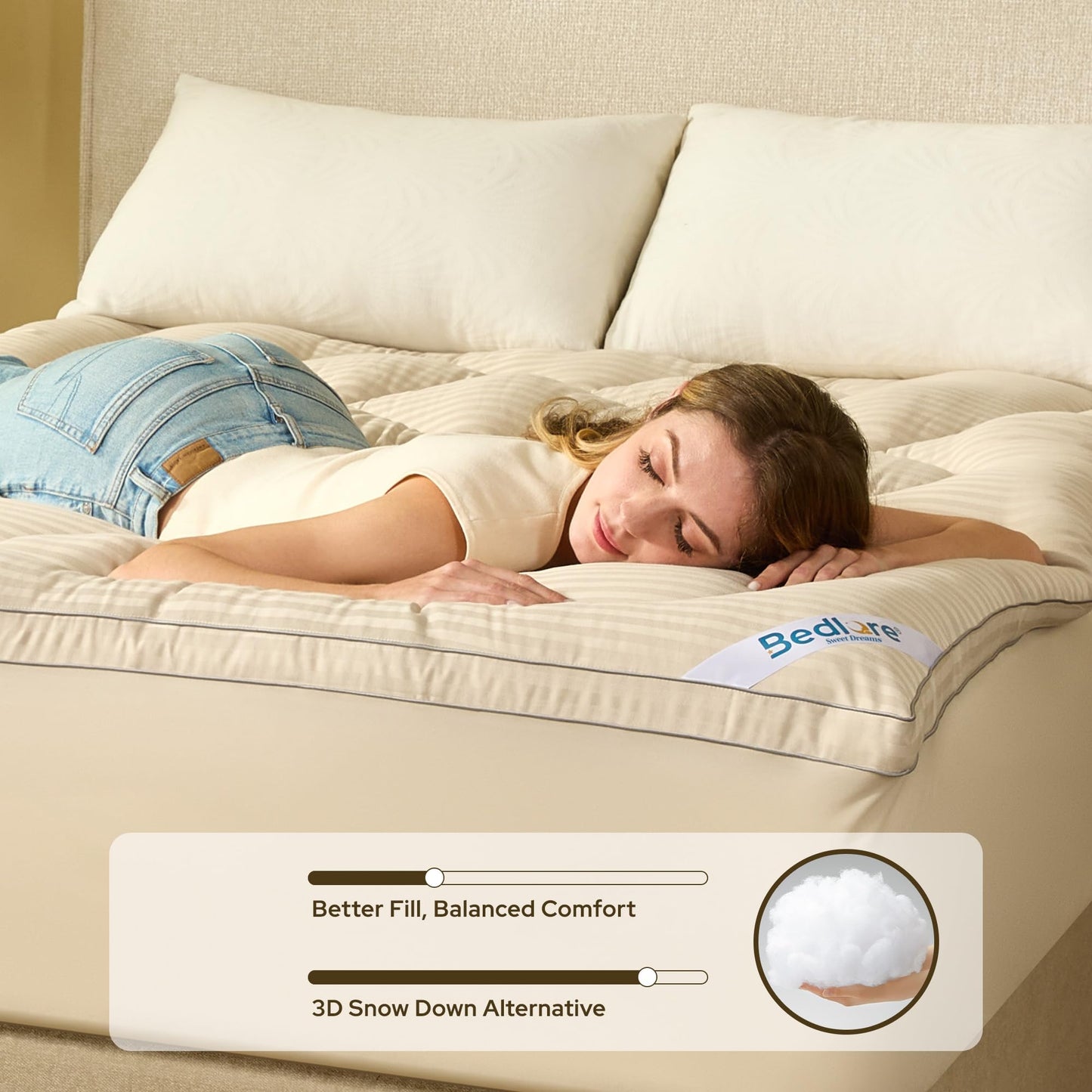 BEDLORE Twin Mattress Topper, Thick Pillow Top Pad for Back Pain Relief, Soft Mattress Cover with Deep Pockets 6-15 inch(Beige)