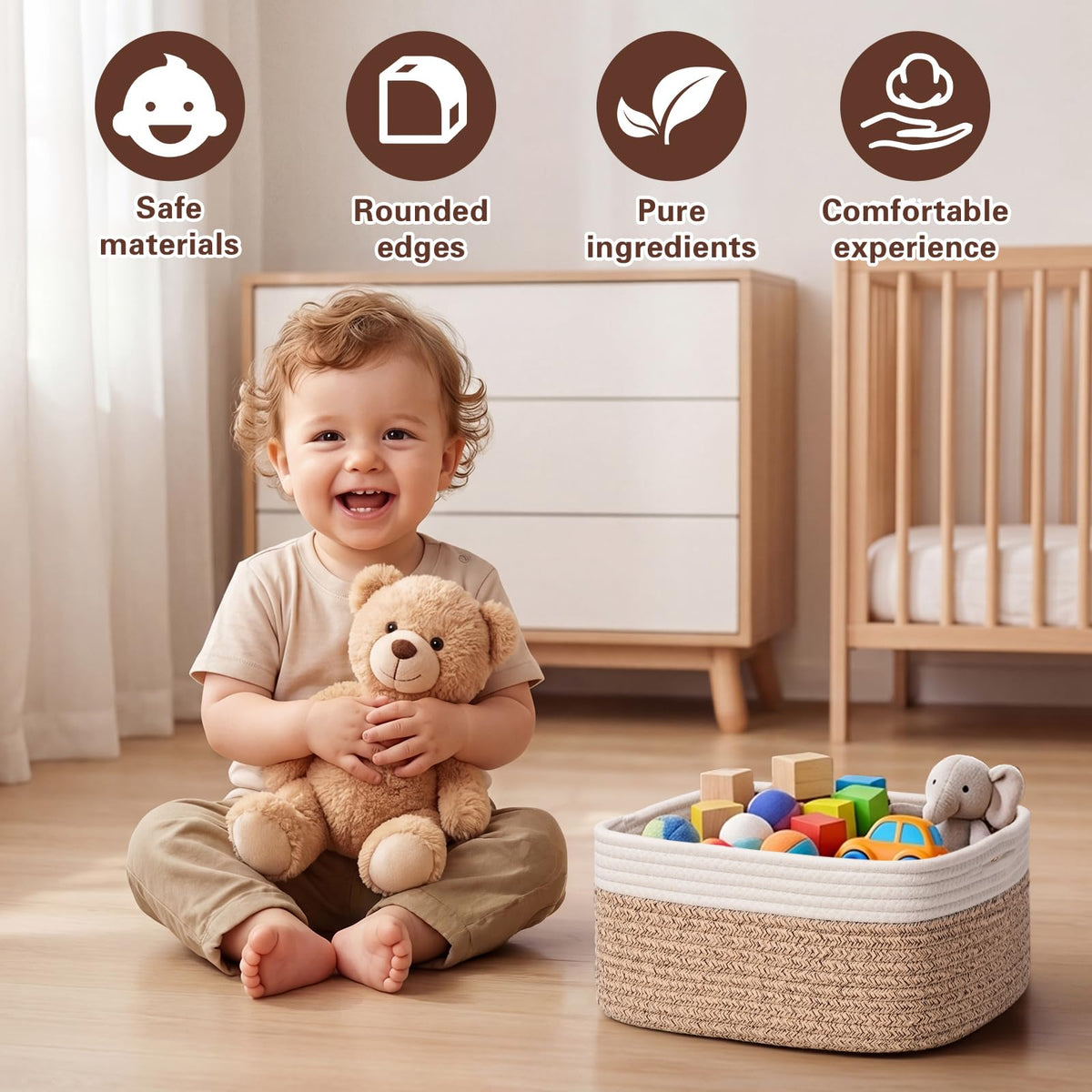 Storage Baskets for Shelves, 2 Pack Shallow Basket - 10.5" x 10.5" x 5.5", Rope Baskets for Organizing Toys, Snacks, Cube Storage Bins for Closet, Bedroom, Nursery, Brown & White