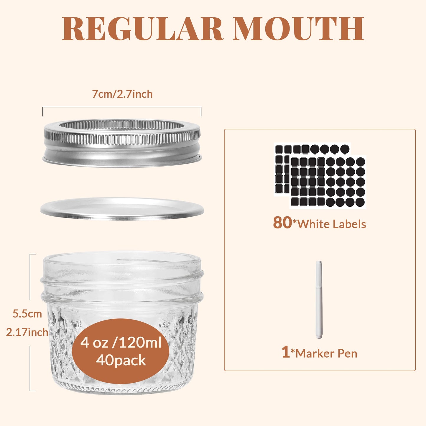 CycleMore 40 Pcs 4oz Clear Glass Mini Mason Jars With Silver Separable Lids and Diamond appearance, Small Spice Canning Jars for Honey, Jam, Jelly, Wedding Favors, Kitchen Food Storage