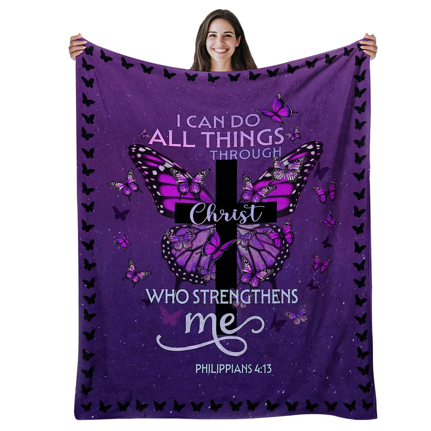 CIUGOIG Christian Gifts for Women - I Can Do All Things Christ Blanket 50"x60" - Inspirational Religious Birthday Catholic Spiritual Gifts Faith Based Gift - Purple Christian Throw, Butterfly