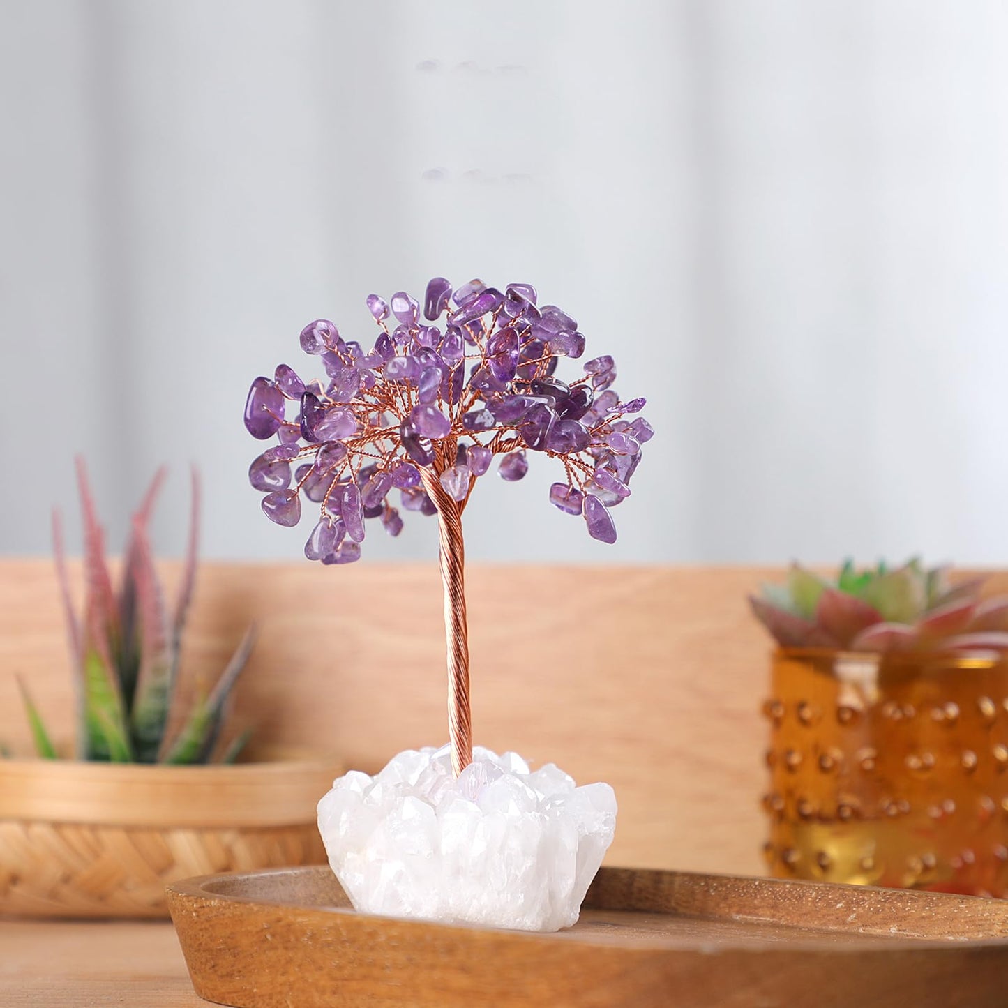 dssmboom Healing Amethyst Crystal Tree on Raw Rock Crystal Cluster Base for Home Office Decor, Handmade Feng Shui Stone Money Tree Bonsai for Wealth and Good Luck