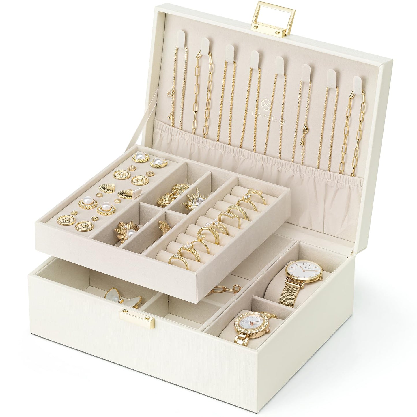 Vlando Jewellery Box, 2 Layer Jewellery Organiser with Watch Pillow, Jewellery Storage Case for Necklace,Bracelets, Earring Storage Organiser, Gift for Women,White