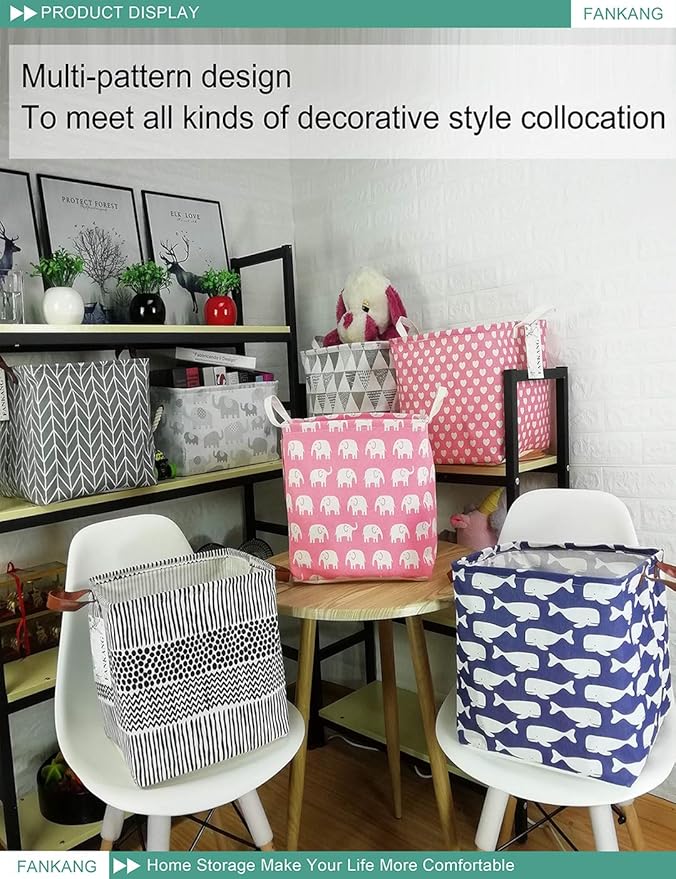FANKANG Square Nursery Hamper Storage Bins Canvas Laundry Basket Foldable