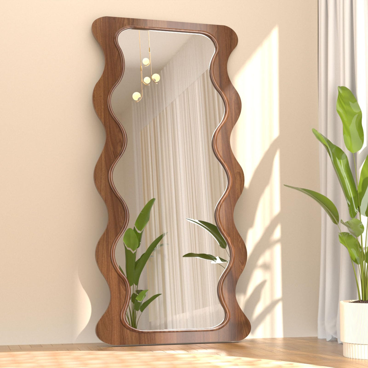 OUSIMY 65" x 24" Wavy Full Length Mirror Wood Framed, Hanging or Leaning for Bedroom Dressing Living Room