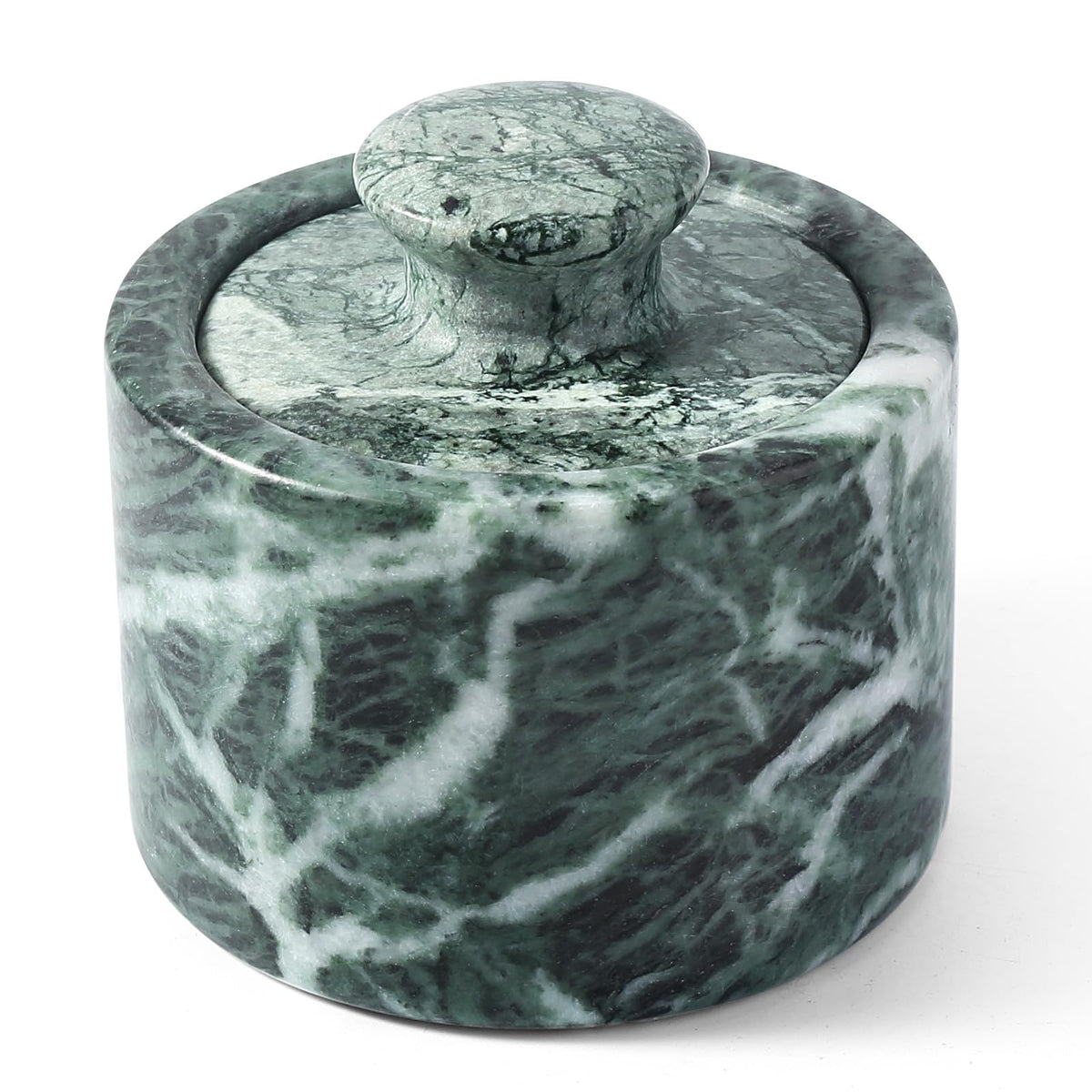 Koville Green Marble Salt Cellar with Lid 3.5", Stone Pepper Container & Spice Jars for Kitchen, Marble Salt and Pepper Holder, Stone Storage Box for Kitchen Counter, Spice Jar (Verde Alpi Green)