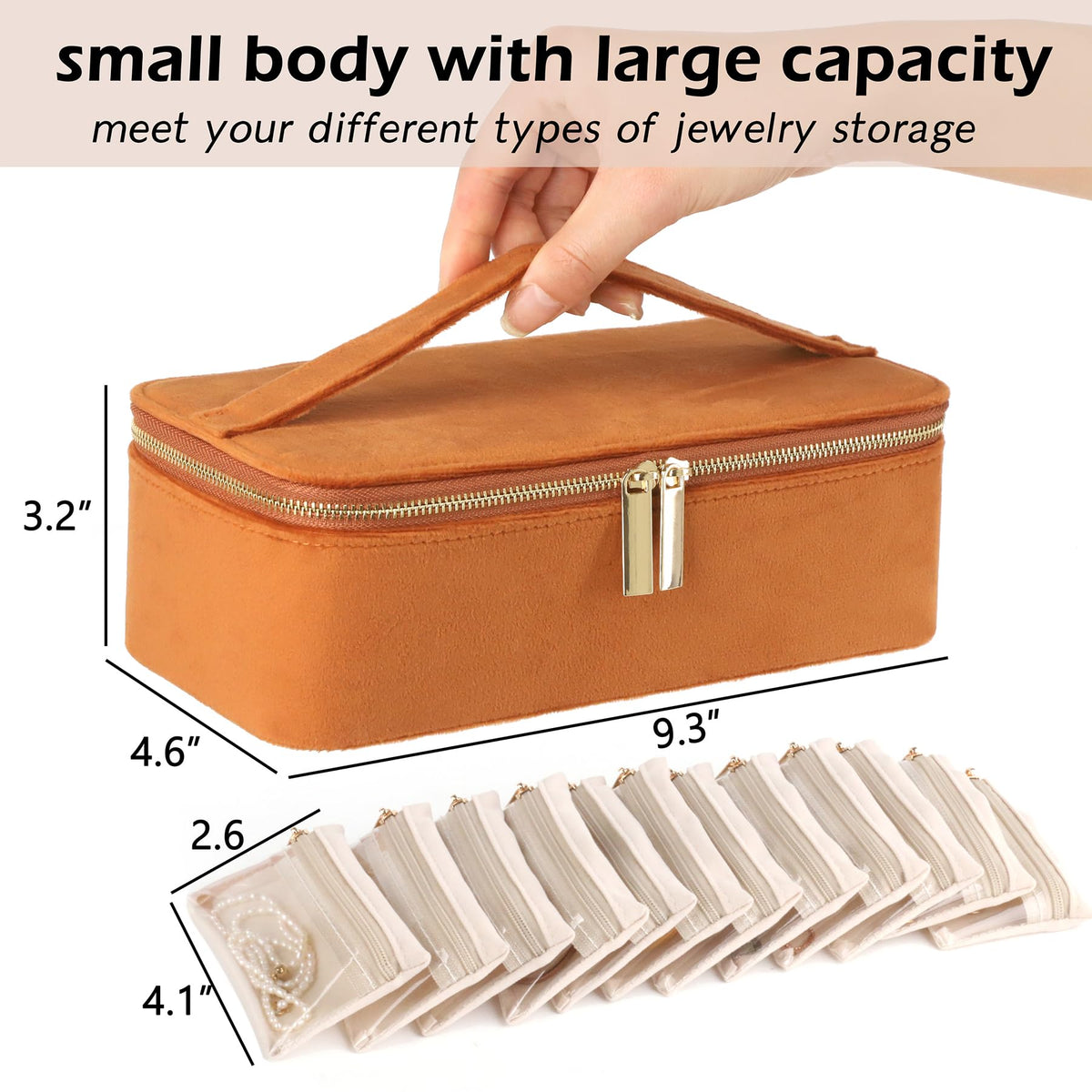 HofferRuffer Jewelry Box Organizer for Women Girls, Travel Jewelry Case with 12 Portable Zipper Bags, Jewelry Storage Ideal for Travel & Home Organization (12pcs-Brown Velvet)