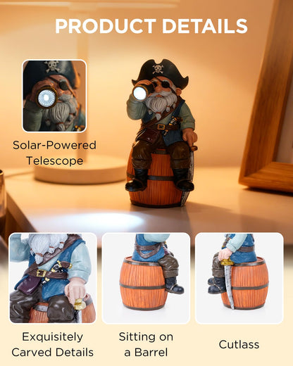 GaloTrek Solar Garden Gnome Statues Funny Resin Pirate Gnome Decorations Sitting on Wine Barrel Outdoor Figurines for Yard Patio Mom Gift