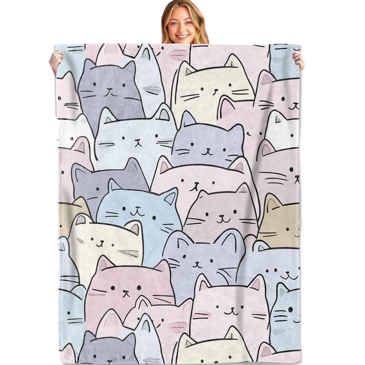 MIEPOS Cute Pastel Cat Face Throw Blanket, 50x60in, Soft, Lightweight Flannel,Kawaii Cartoon Cats in Pink, Blue, Cream and Lilac Blankets, Gifts for Women, for Home Living Room Decor