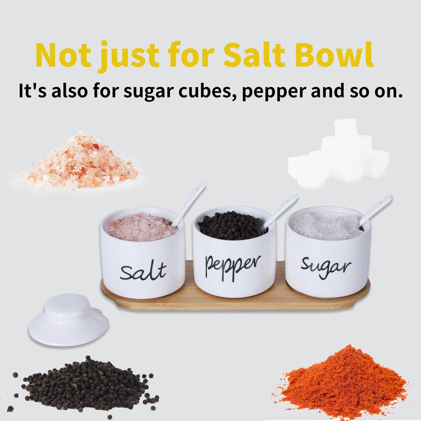 ONTUBE Farmhouse 8oz, Sugar Pepper and Salt Bowls with Lid and Spoon, Ceramics Condiment Pots,Seasoning Jar Spice Container for Kitchen,Dishwasher Safe (White)