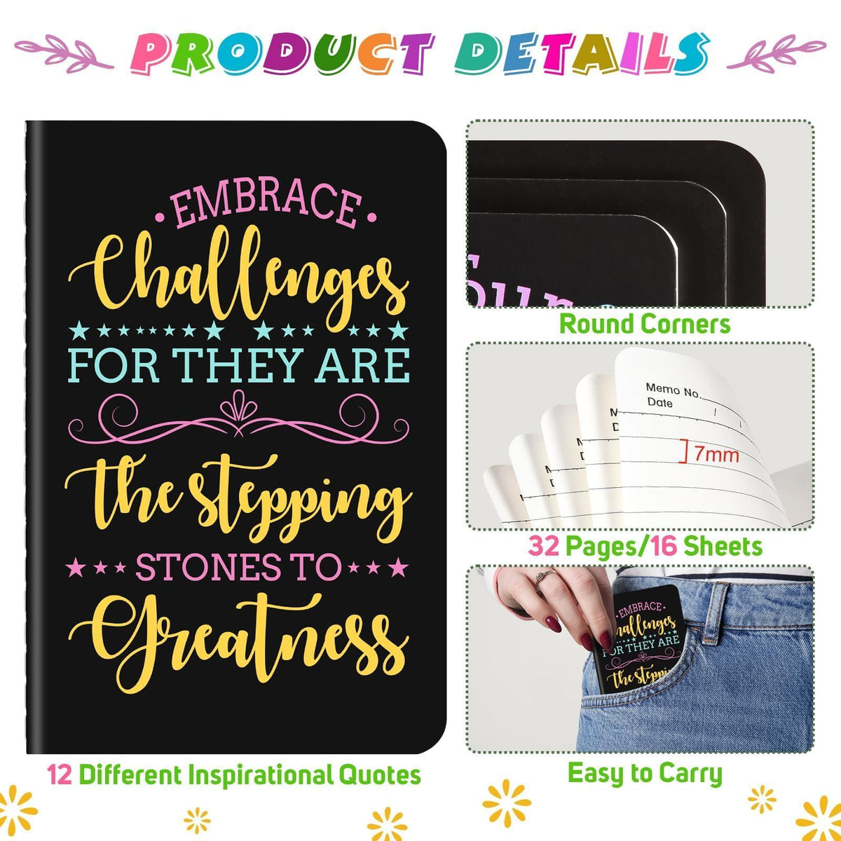 24 Pcs Mini Inspirational Notebooks Bulk with 24 Pcs Colorful Pens, Small Pocket Journal Notepads Set, Motivational Bulk Gifts for Women Men Teacher Student, Fun School Office Supplies, 3.5" x 5.5"