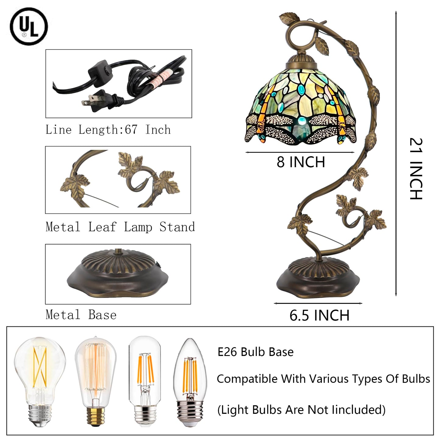 HWDFEI Tiffany Table Lamp, Stained Glass Desk Reading Light,Metal Leaf Table Lamp Base 8X10X21 Inches (Brown Dragonfly)