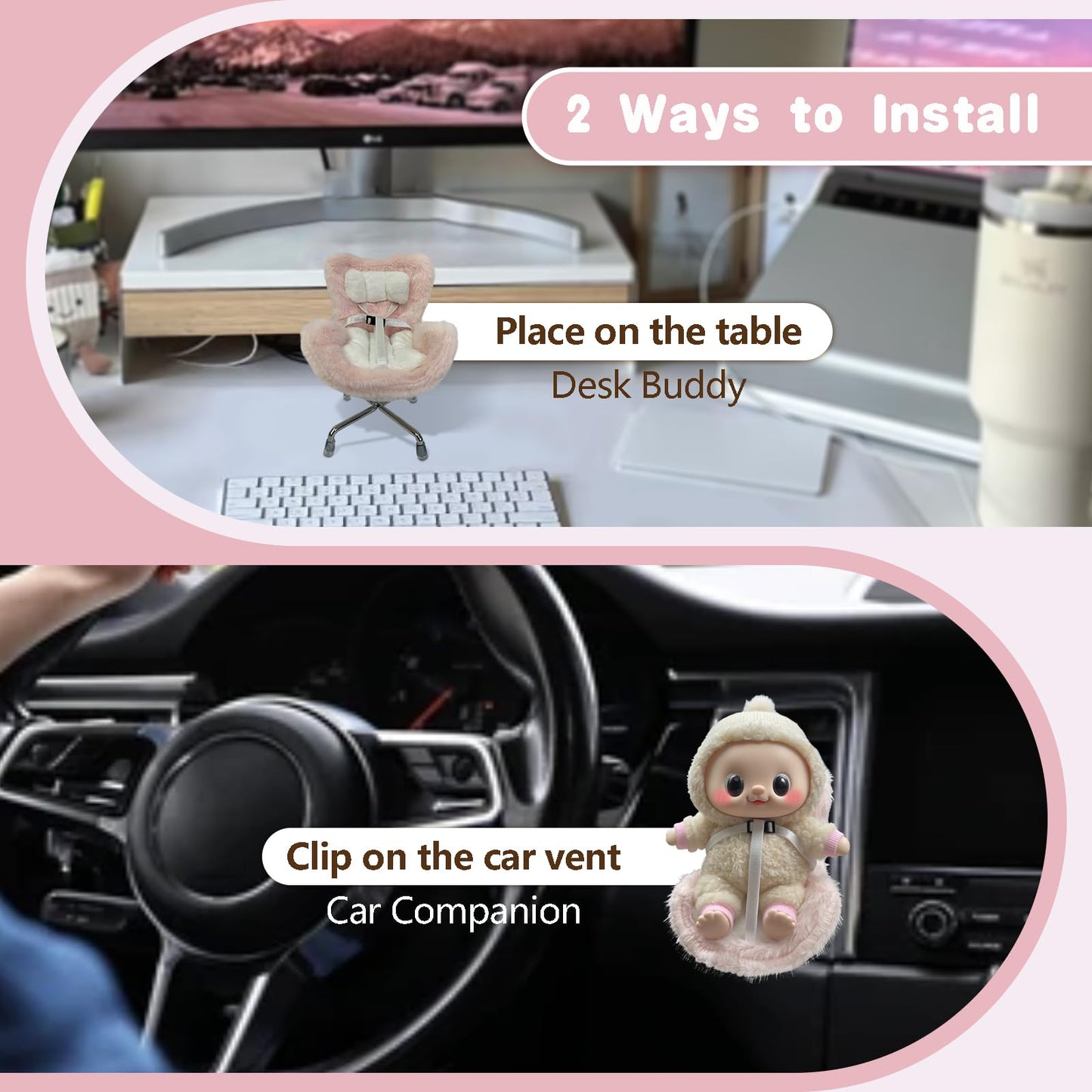 SwiftServ Doll Car Seat for 3–8 inch Figures, Fits Character Plushes, Blind Box Dolls & Vinyl Collectibles, Includes Air Vent Clip & Desktop Stand, Car Ornament for Collectors (Strawberry Ice Cream)