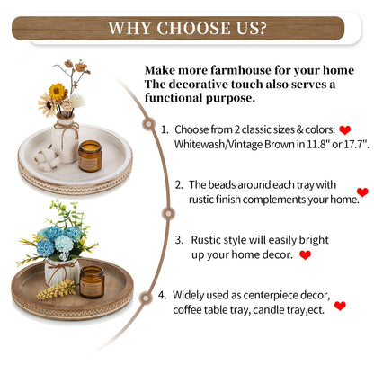 Hanobe Round Wooden Decorative Tray: White Washed Bead Tray Decor for Coffee Table Centerpiece Rustic Farmhouse Tray for Kitchen Counter Living Room Decoration
