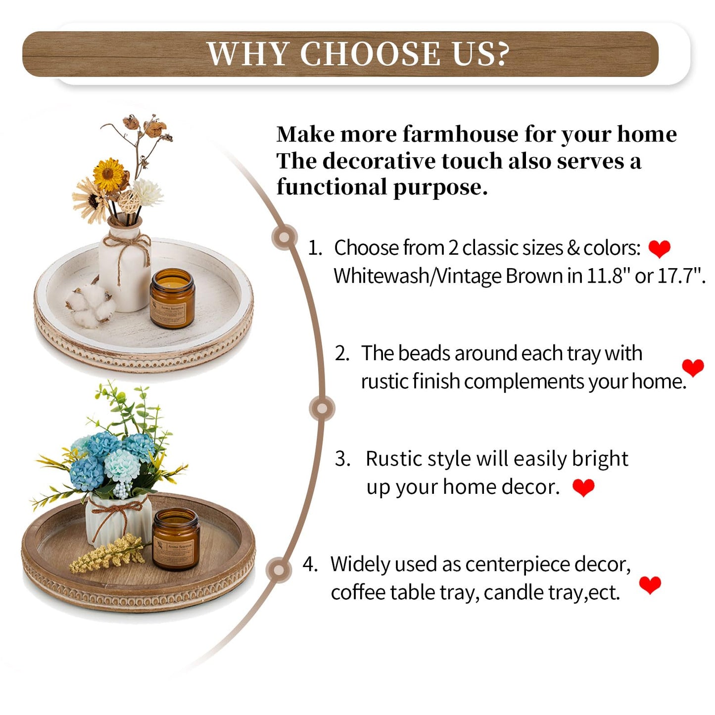 Hanobe Round Wooden Tray Decor: Decorative Candle Plate Holder Tray for Coffee Table - Rustic Farmhouse Table Centerpiece for Home Living Room Kitchen Counter(Brown)