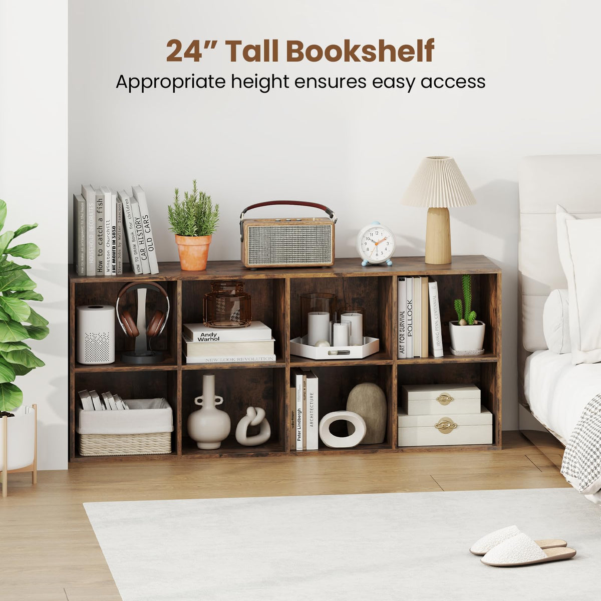 Giantex 8-Cube Bookcase, Floor Standing Bookshelf with Storage & 2 Anti-Tipping Kits, Open Storage Organizer, Cubby Wooden Book Shelf for Living Room, Study (Rustic Brown, 8-Cube)