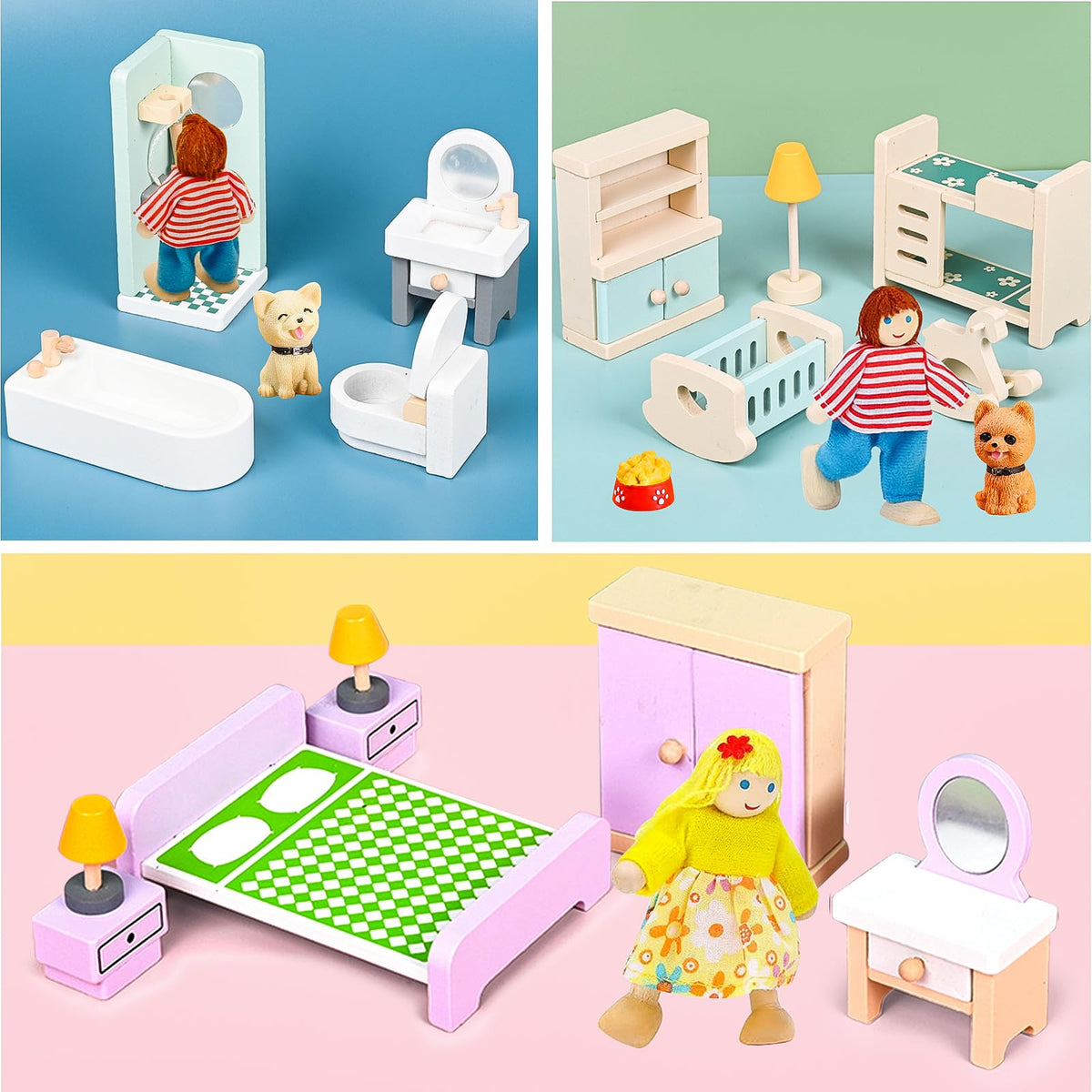 HAPGFS 36PCS Wooden Dollhouse Furniture Set with 4 Flexible Family Dolls - 5 Room Realistic Doll House Accessories for Toddlers 3 4 5 6, Pretend Play Toys Gift for Birthday and Christmas