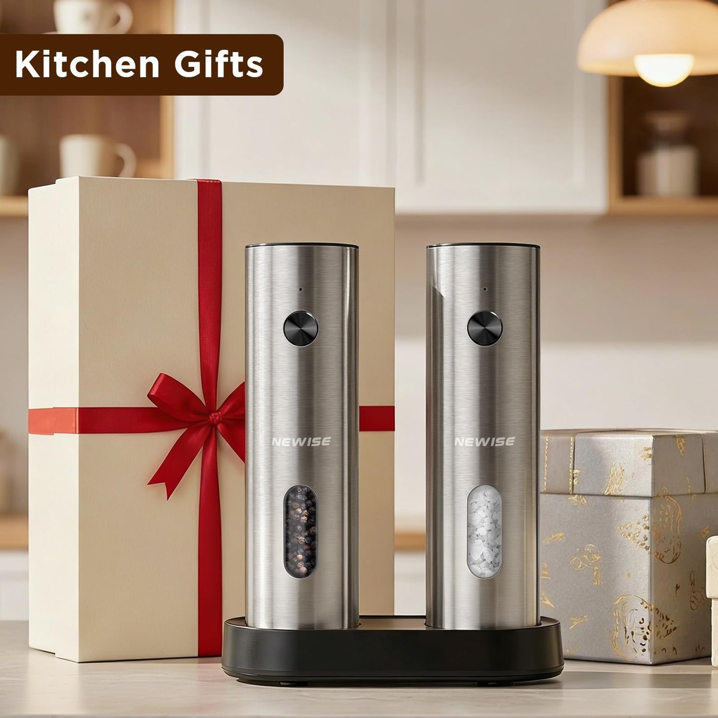 Newise Electric Salt and Pepper Grinder Set - Charging Base, Automatic Rechargeable Pepper Mill with Adjustable Coarseness, LED Lights, Large Capacity, Kitchen Appliance for Mom Wife