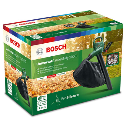 Bosch Electric Leaf Blower and Vacuum UniversalGardenTidy 3000 (3000 W, collection bag 50 l,variable speed,for blowing, vacuuming shredding leaves, Weight: 4.7 kg, in carton packaging)