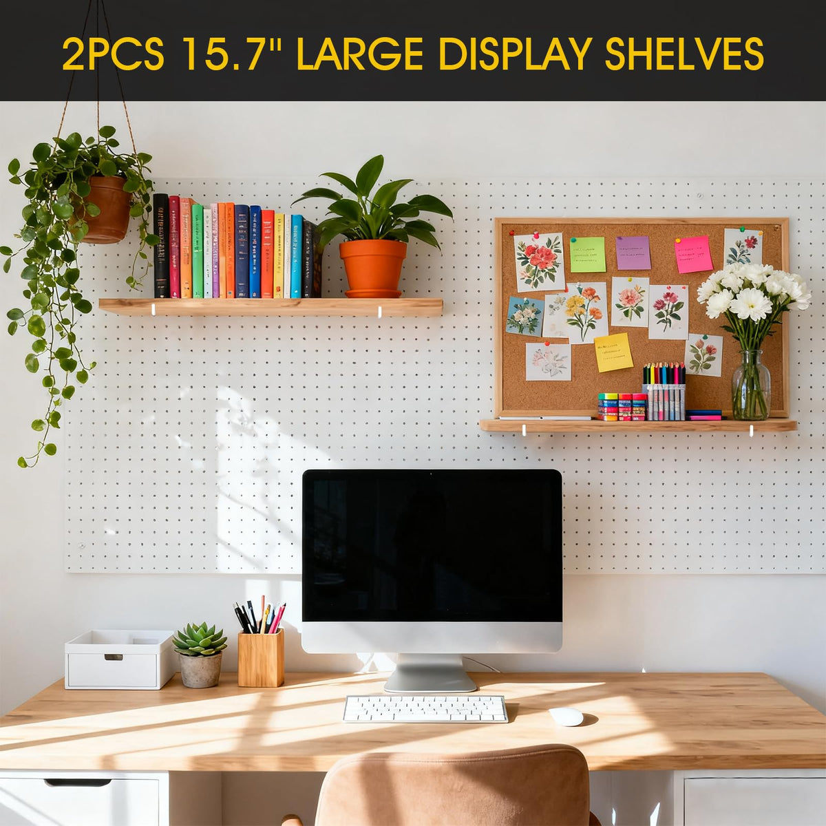 MVRPOWER Pegboard Shelf Set of 2, High Stability Wooden Shelf with 2 Metal Hooks, 15.7" x 6.1" Wooden Peg Board Organizer