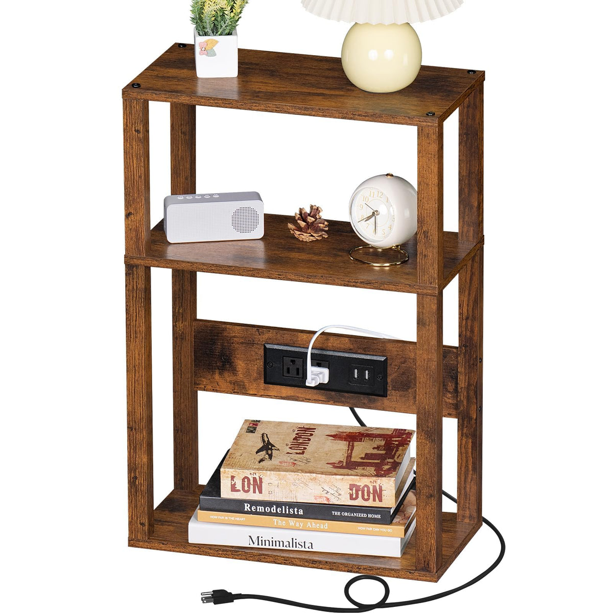YUFAM 3-Tier Small Narrow Wood Side Table with Charging Station, Skinny Nightstand for Small Space, Slim Bedside Table with Storage for Couch, Thin End Table with USB Ports and Outlets, Rustic Brown