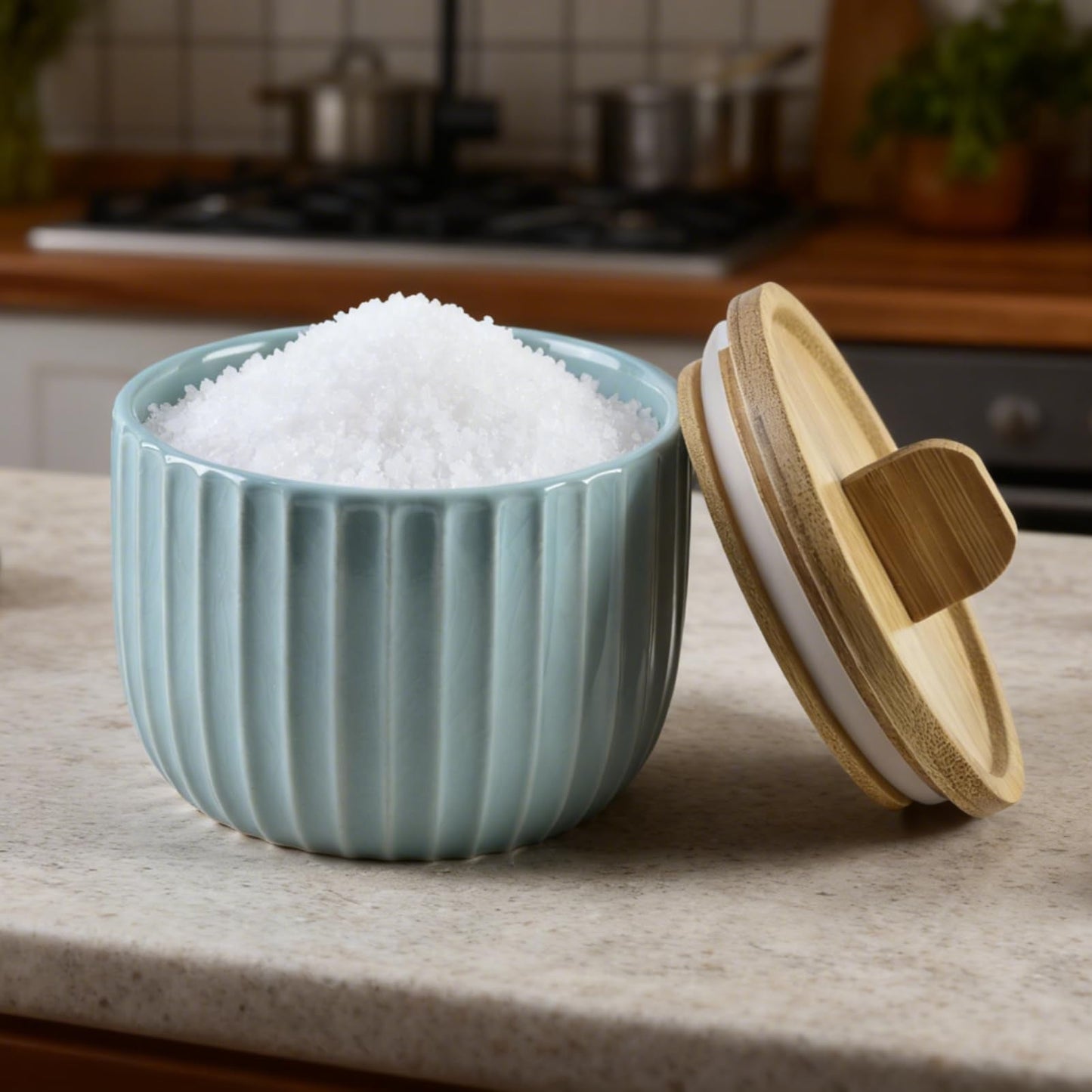 Lunavita Salt Cellar Keeper with Bamboo Lid, 14oz Big Capacity Ceramic Sugar Bowls Pepper Box, Crackle Glaze Seasoning Container Condiment Pot for Kitchen (Cyan Color)