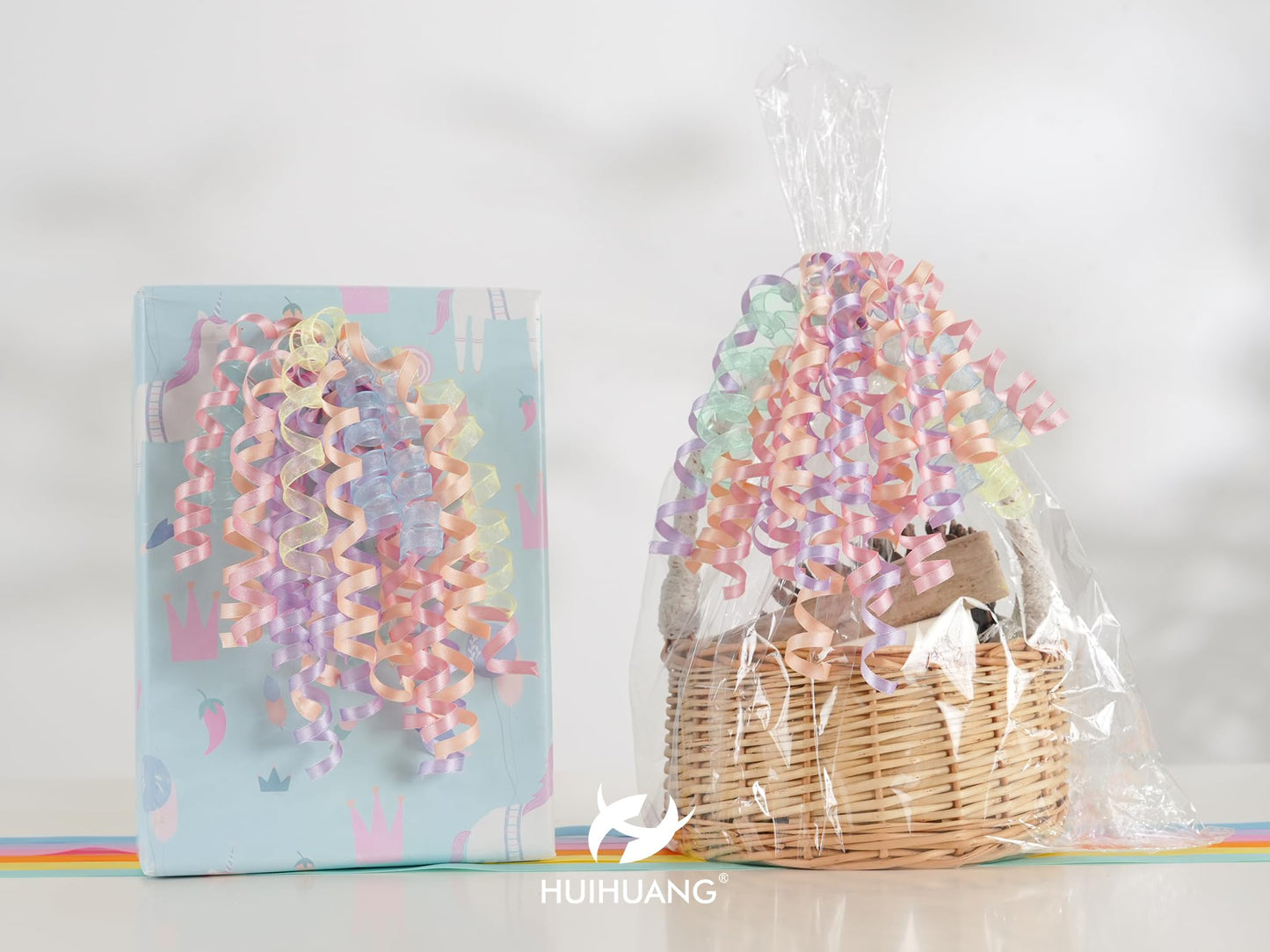 HUIHUANG Pastel Bows for Gift Wrapping 7" Pastel Rainbow Curly Gift Bow Self Adhesive & Twist Tie Ribbon Bows for Presents Gifts Easter Baskets Baby Shower Party Favors- 6 Counts