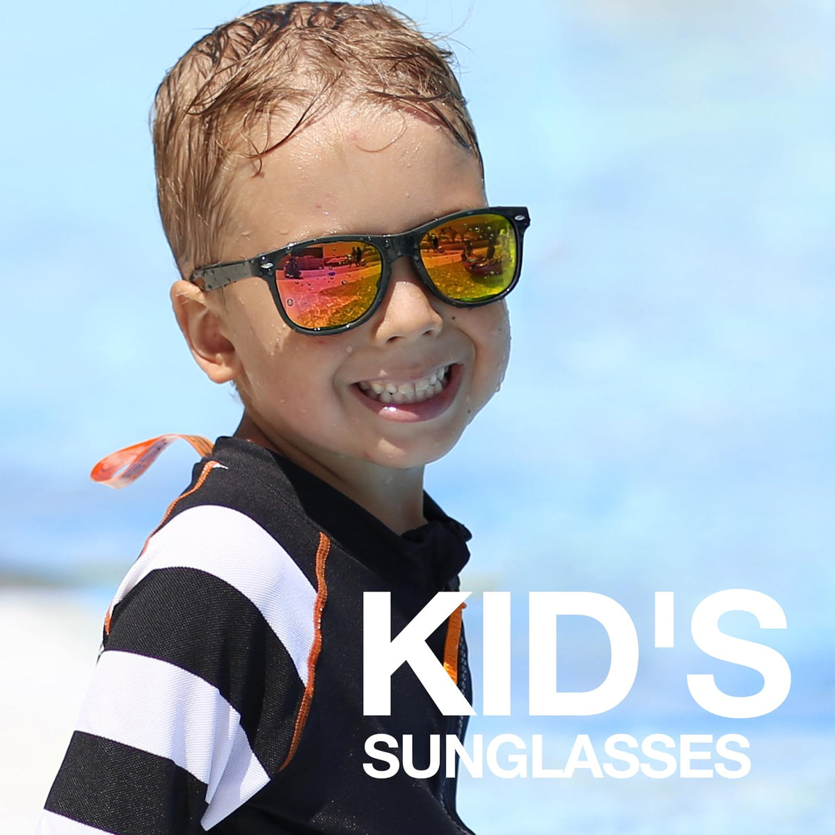 RIVBOS Kids Sunglasses Boys with Strap Polarized Rubber Flexible Shades for Toddler and Children Age 3-10 RBK004-2 Black Ice Red Lens