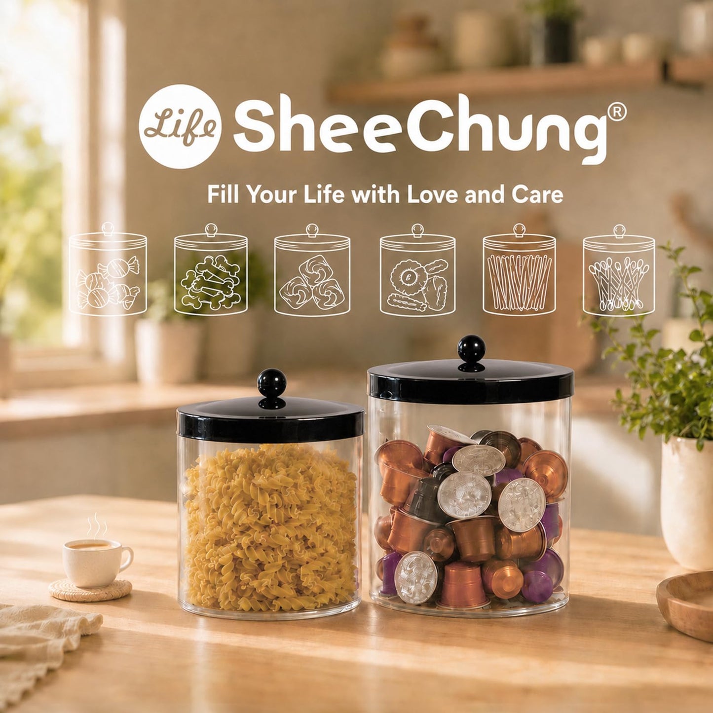 Sheechung 78oz Extra Large Acrylic Jar with Black Stainless Steel Lid- Clear Plastic Apothecary Jar for Laundry Organization, Scent Beads, Pods, Kitchen Pantry Storage, Pasta, Candy, Bathroom Vanity