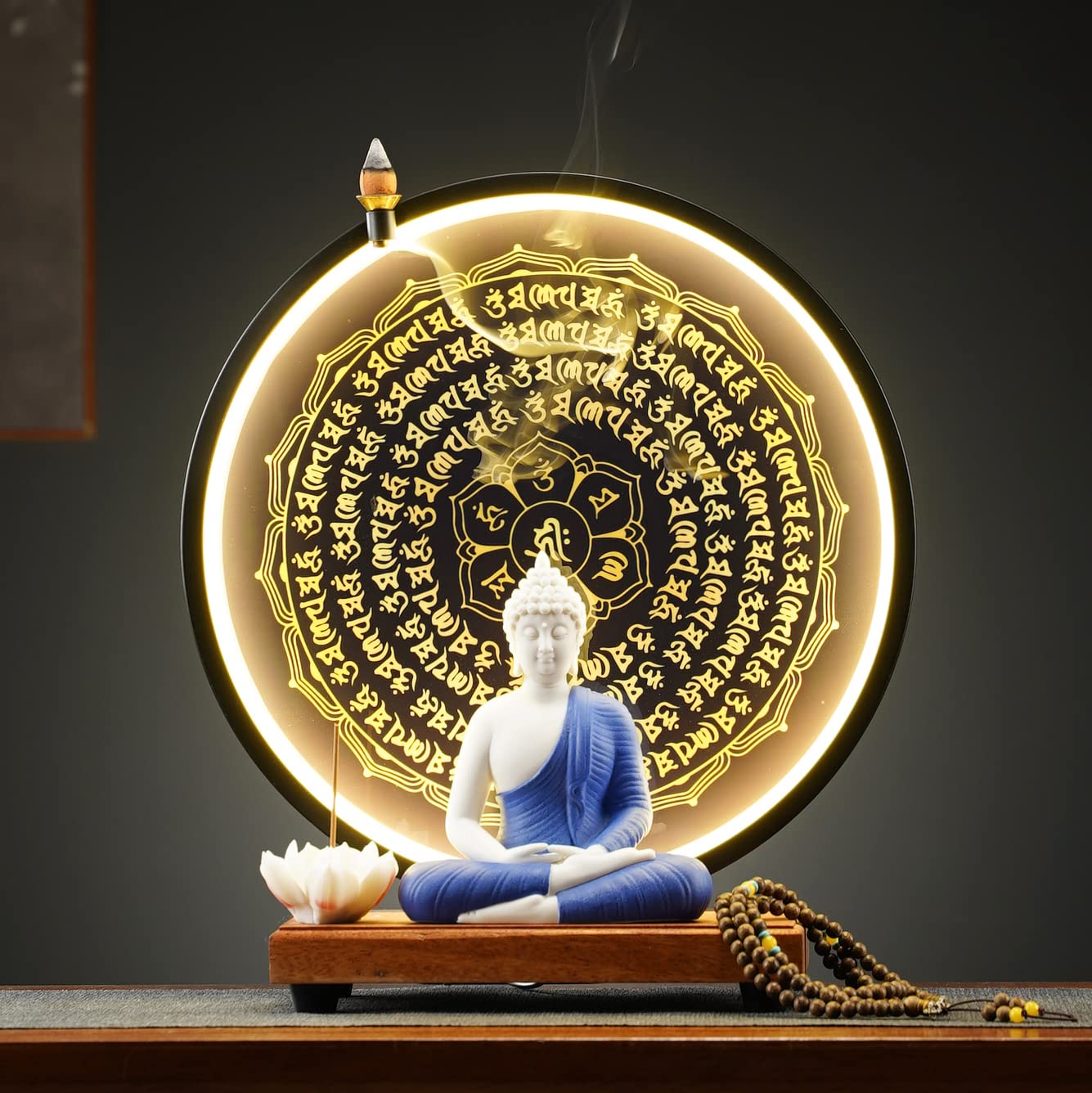 Houlu Blue Buddha Statue and Circle LED Table Lamp, Ceramic Buddha Statue for Home Décor